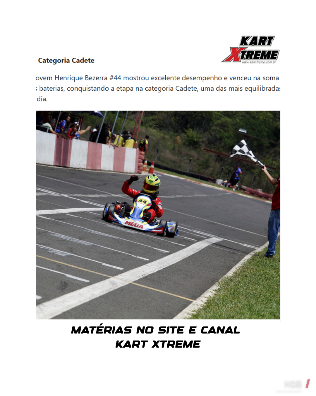 Matéria de capa no site Kart Xtreme sobre a vitória na categoria Cadete
